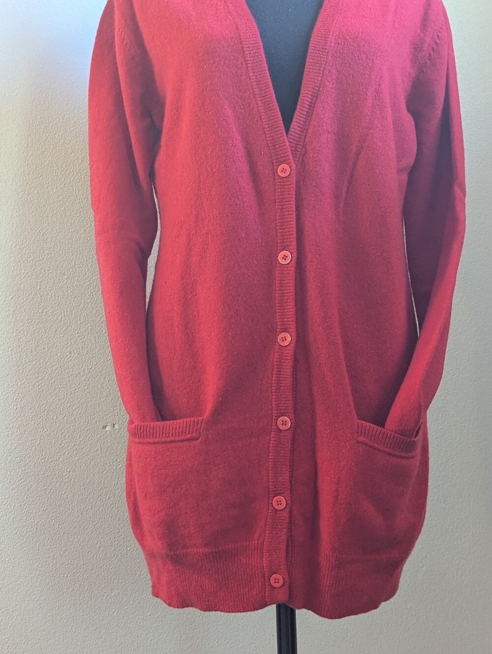 VOILE 100% Cashmere Red Longline Cardigan Sweater Women’s L Button Front, French